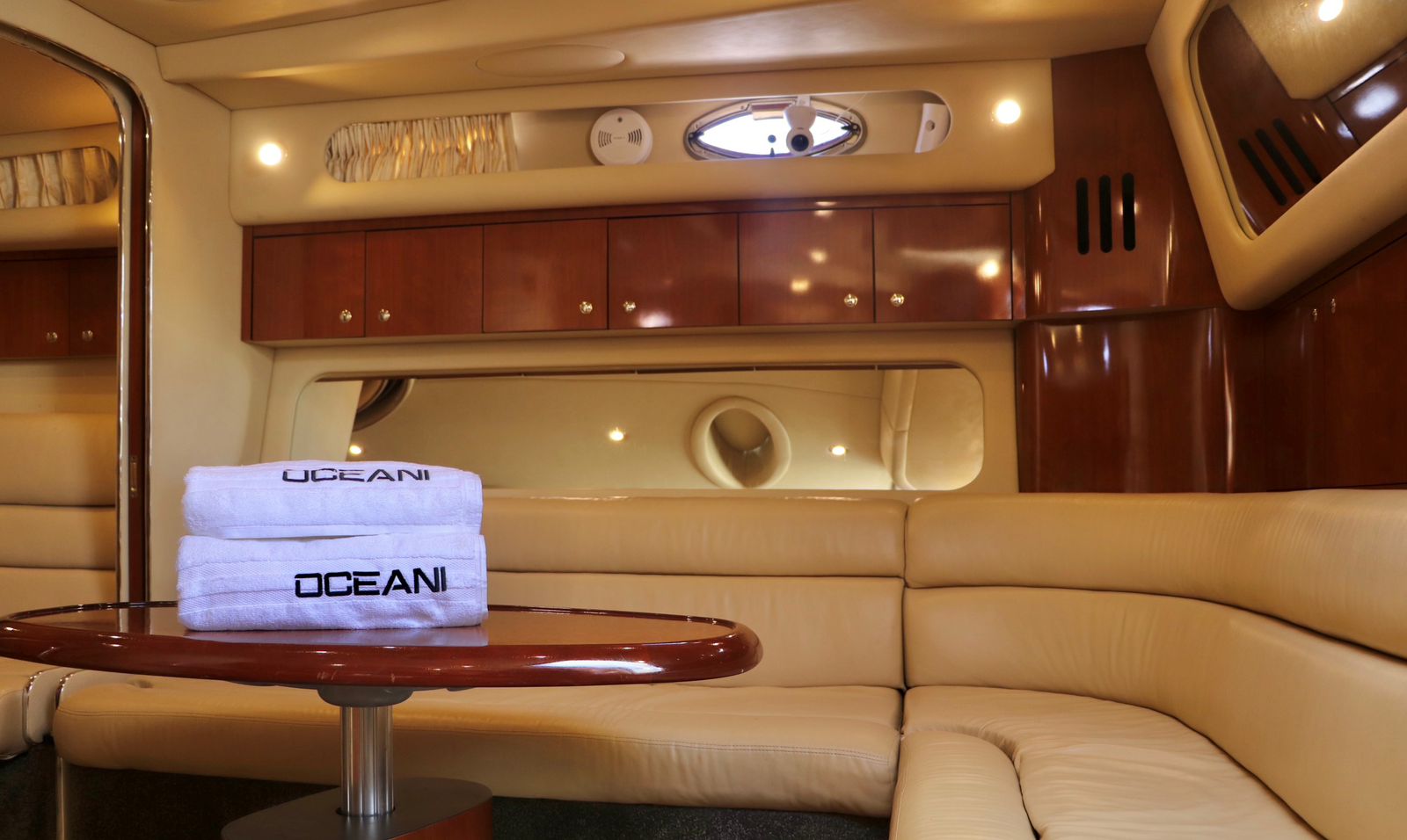 Sea Ray luxury salon interior yacht charter Cancun Isla Mujeres